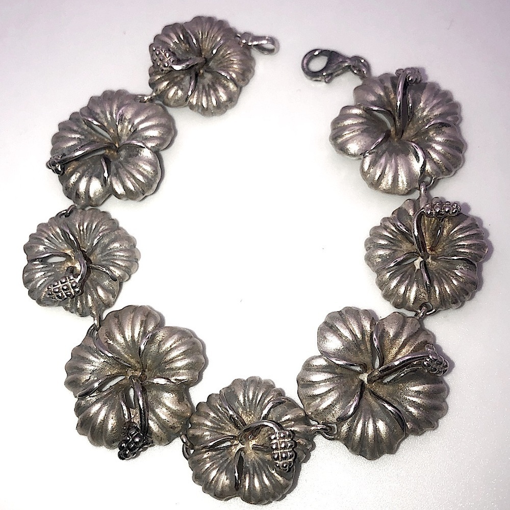 VTG Sterling Hibiscus Flower Link Floral Hawaiian Fetish Bracelet 8” / HEAVY 39g